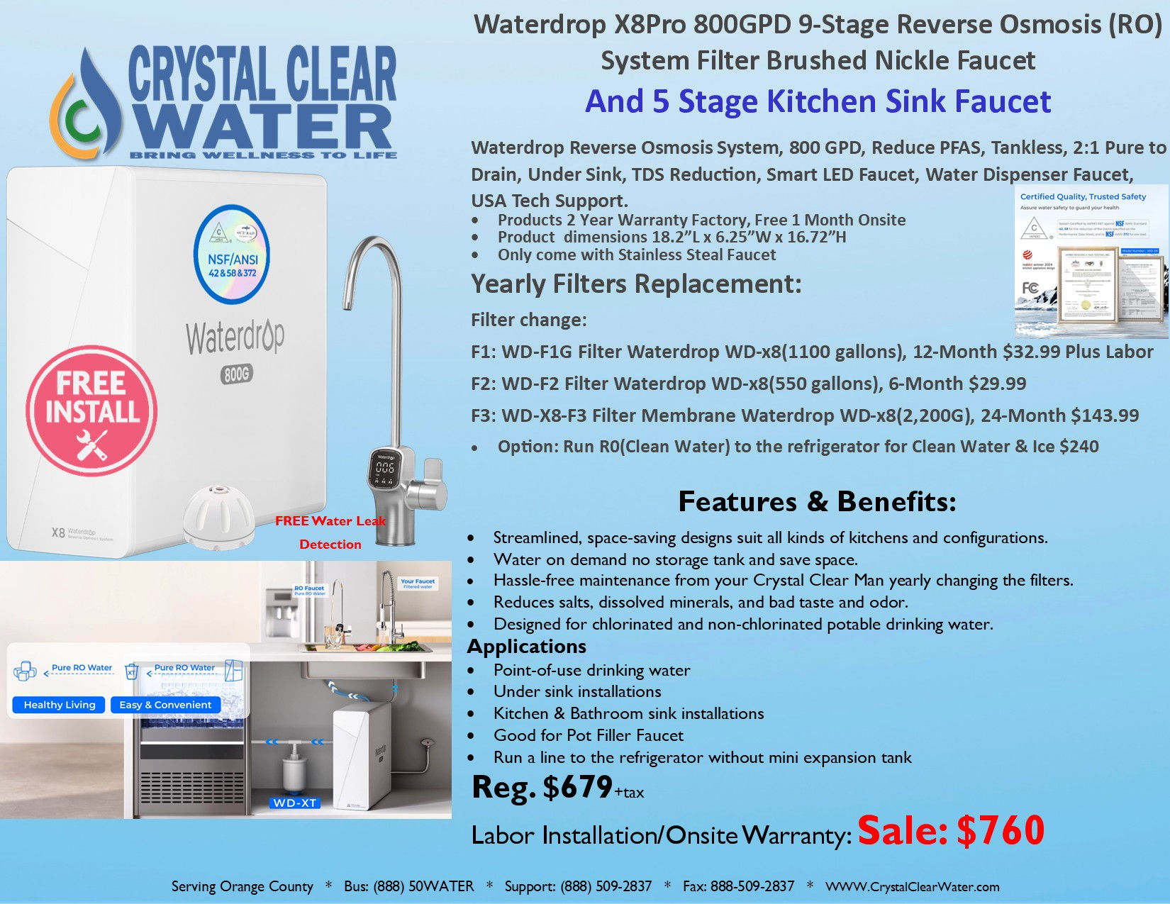 Waterdrop X8Pro 800GPD 9-Stage Reverse Osmosis (RO) System Filter Brushed Nickle