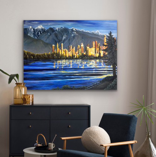 Painting of Vancouver Skyline with Mountains & Water | Sarah
