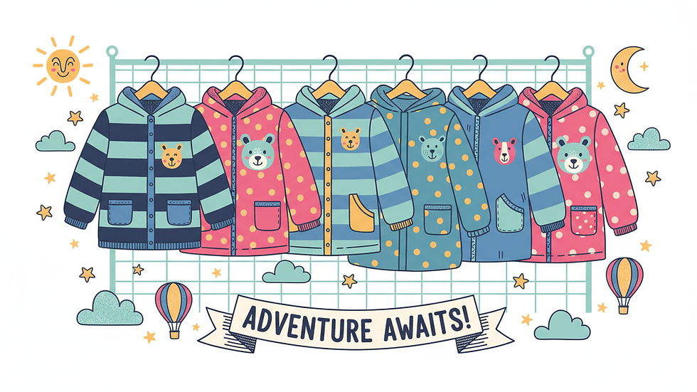 Eye-level view of a clothing rack filled with colorful children's jackets
