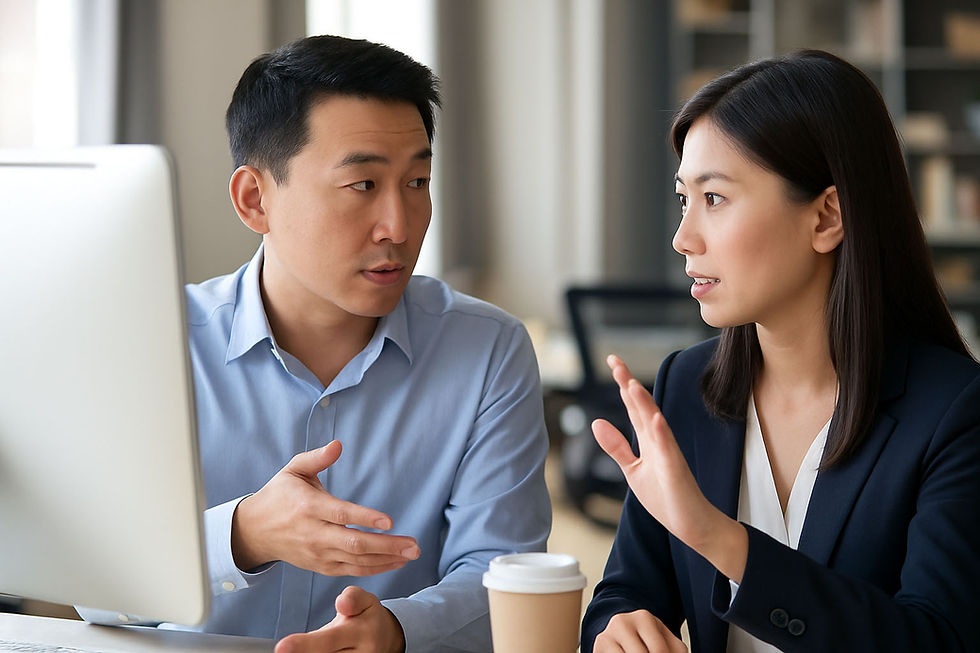 Two people in business attire are having a serious discussion in an office. A computer and coffee cup are visible. Neutral colors dominate.