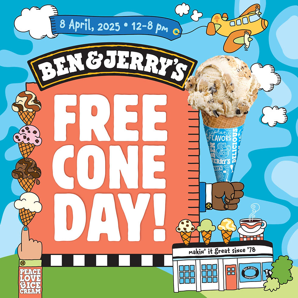 Ben & Jerry's Free Cone Day poster. Features ice cream cones, a plane with a banner dated April 8, 2025, and playful, colorful graphics.
