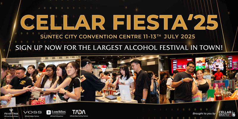 People enjoying an alcohol festival at Suntec City Convention Centre. Bold text promotes "Cellar Fiesta '25" in a lively setting.