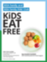 IKEA Family Kids’ Club promo: "Kids Eat Free." Plate with Swedish meatballs, mashed potato, veggies. Blue and green borders. Terms apply.