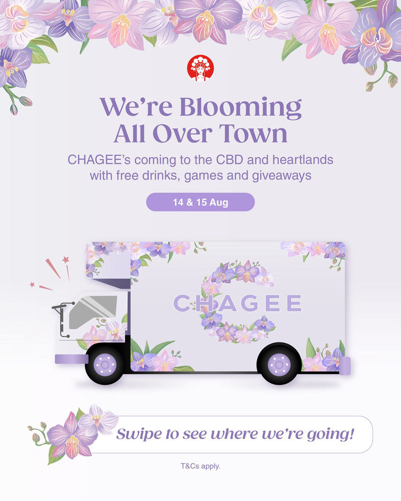 Floral-themed truck with "CHAGEE" text, promoting free drinks, games, and giveaways in the CBD on August 14-15. Pastel colors and flowers.