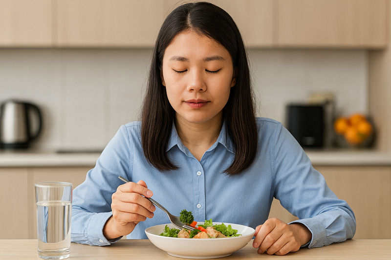 Woman in a blue shirt enjoys a salad at a wooden table in a kitchen. A glass of water is beside her. Background features soft beige tones.
