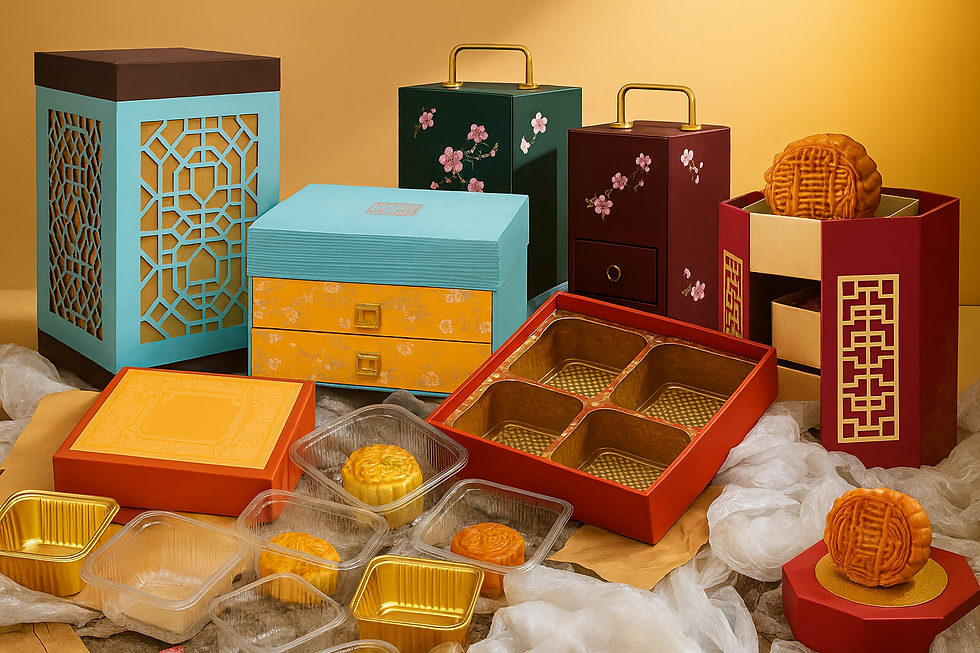 Colorful mooncake boxes with floral designs displayed on a golden backdrop. Open boxes reveal mooncake trays, creating a festive mood.