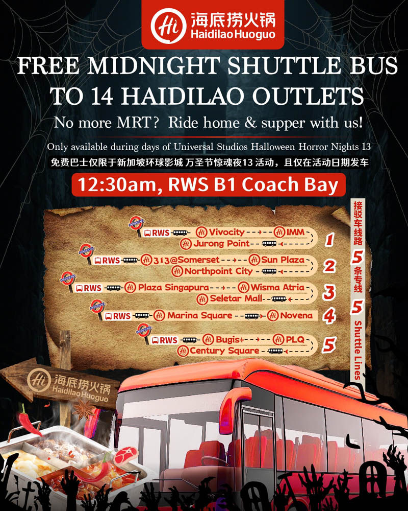 Advertisement for Haidilao's free midnight shuttle bus to 14 outlets. Dark, Halloween-themed with cobwebs. Bus image and route details.