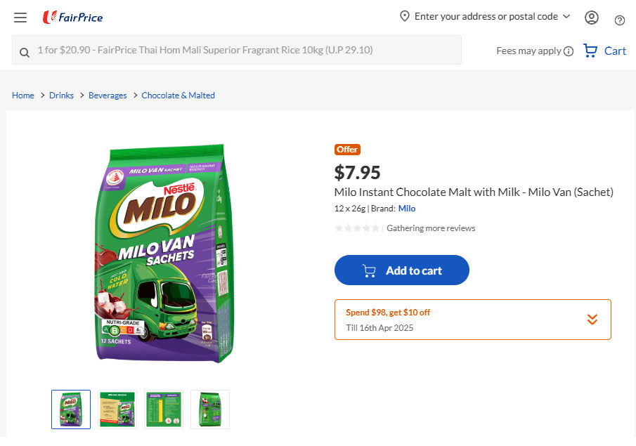 Green Milo Van sachet on FairPrice site, priced at $7.95. Offer: Spend $98, get $10 off. "Add to cart" button visible.