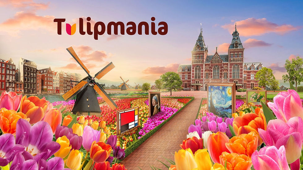 Tulips in vibrant colors surround a windmill and artwork in a garden, with a historic building in the background under a sunset sky. Text: Tulipmania.