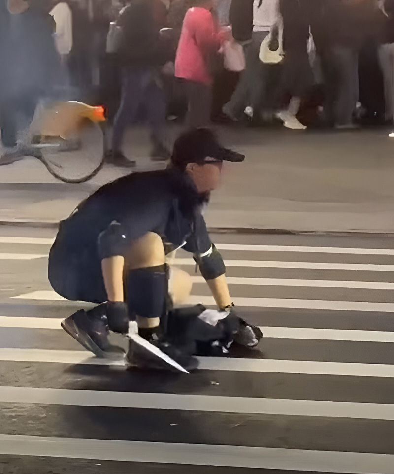 A person in dark clothing crouches on a crosswalk at night, holding a pigeon. A crowd and a blurred bike are visible in the background.