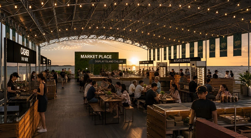 People dine at an open-air market by the water at sunset, under string lights and signs reading MARKET PLACE and CASK BAR.