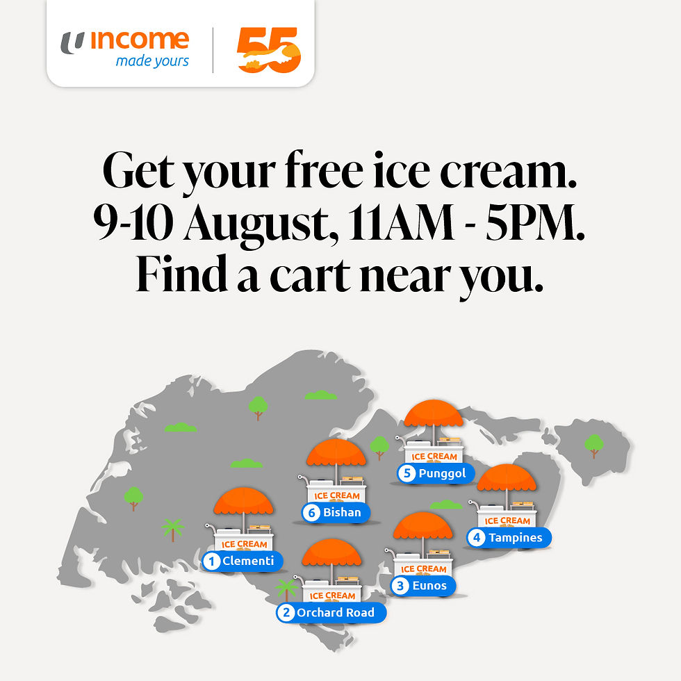 Map showing Singapore with locations for free ice cream on 9-10 Aug, 11AM-5PM. Includes Clementi, Orchard Road, and more.