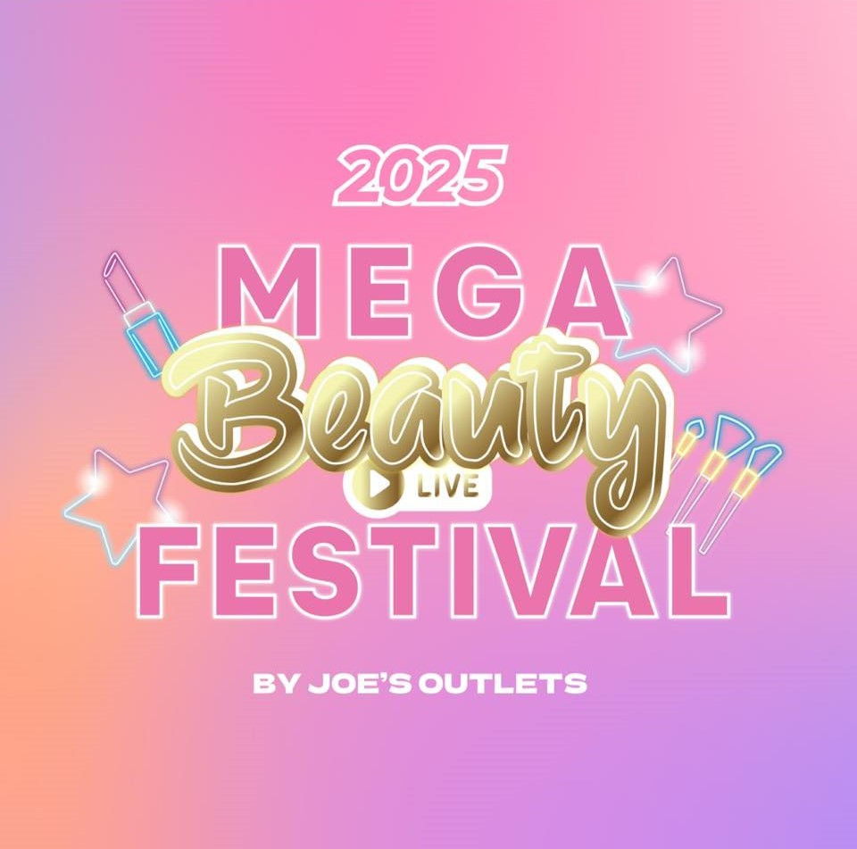 2025 Mega Beauty Festival poster with pink gradient background, lipstick, and star icons. "By Joe's Outlets" text at the bottom. Vibrant mood.