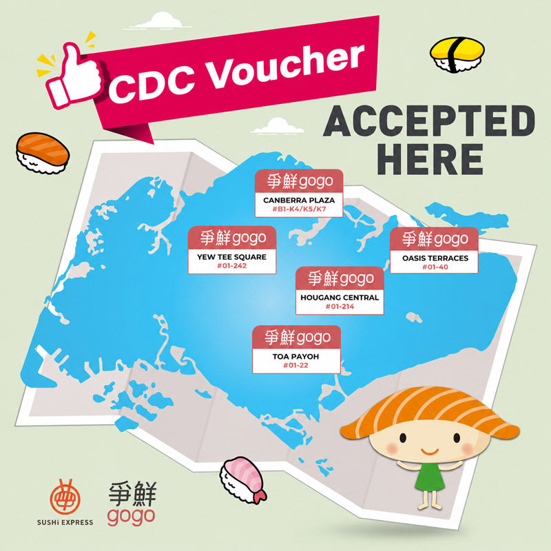 Singapore map promo: CDC Voucher Accepted Here at Sushi Express gogo outlets, with sushi icons and smiling sushi mascot.