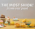 Assorted pastries on a yellow table with bear toppers. Text above reads "THE MOST SHIOK! from our past" on a gray background.
