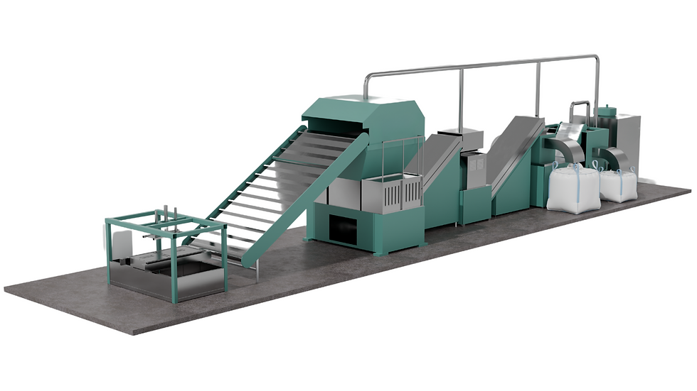 Industrial recycling machine with green and gray components on a platform. Includes conveyor belts and large white bags, no visible text.