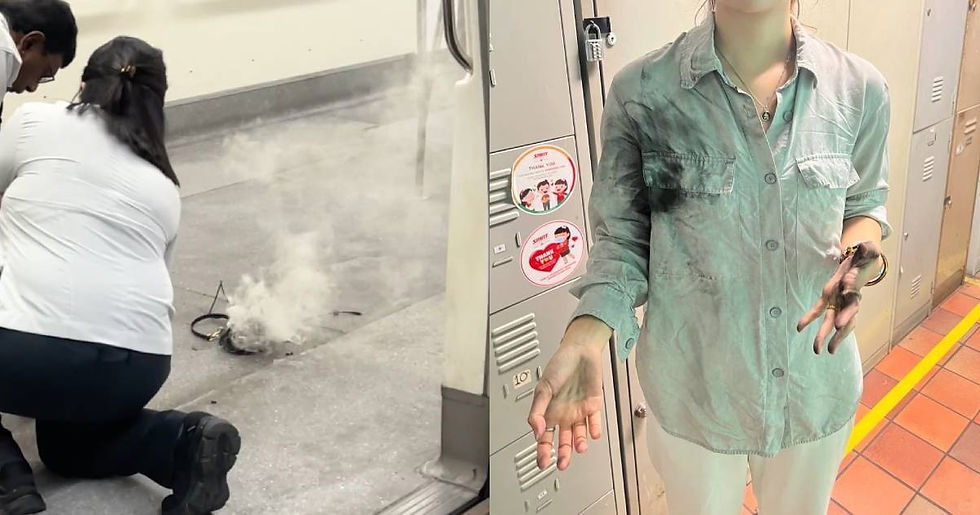 Two people kneel near a smoking power bank on a train floor. A person with a dirty shirt shows soot-covered hands beside lockers. Emergency scene.