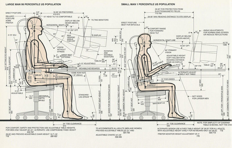 Diagram comparing ergonomics for large and small individuals seated at desks. Includes measurements, posture guides, and adjustable features.