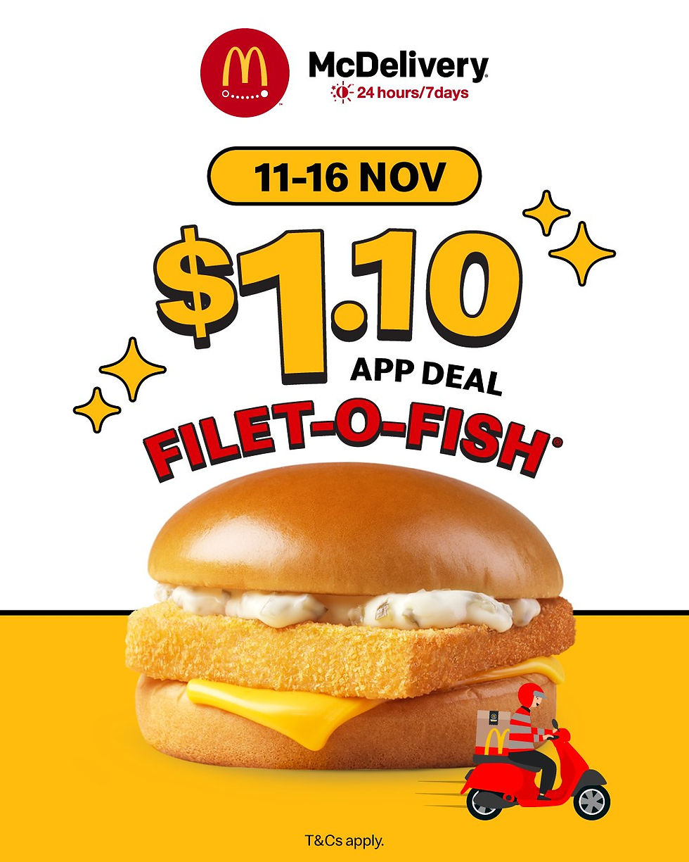 McDonald's ad for $1.10 Filet-O-Fish via app from Nov 11-16. Shows burger, McDelivery logo, red and yellow colors, and delivery rider.