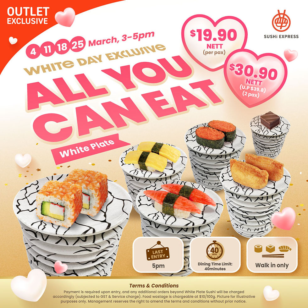 Sushi Express promo poster with all-you-can-eat offer on white plates. Dates: March 4, 11, 18, 25, 3-5pm. Prices: $19.90 per person, $30.90 for 2.