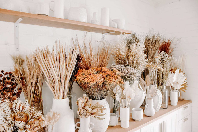 dried and preserved flowers in various white vases