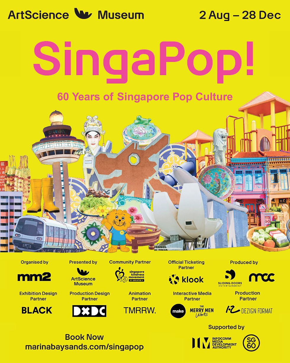 Bright yellow poster for SingaPop! event featuring Singapore icons and architecture. Text: "60 Years of Singapore Pop Culture," and partner logos.