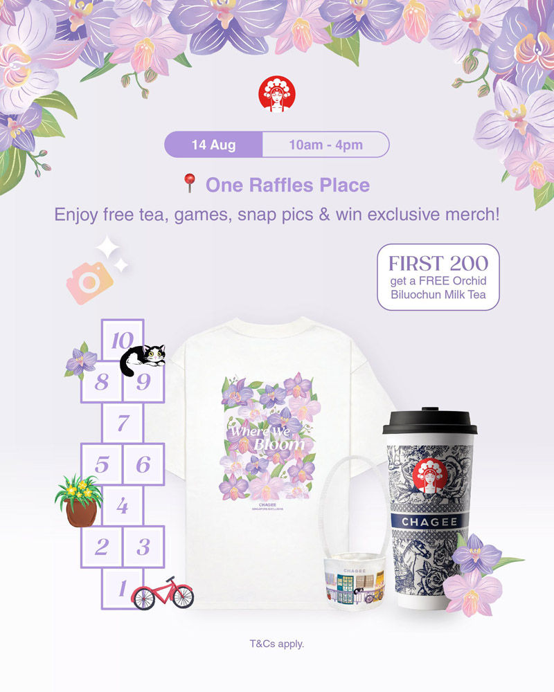 Floral-themed poster for an event at One Raffles Place, 14 Aug, 10am-4pm. Features a t-shirt, tea cup, and hopscotch with purple flowers.