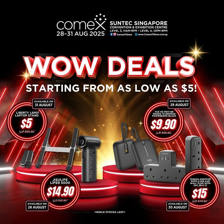 Comex Singapore electronic deals ad with gadgets on red background. "Wow Deals" text, items start from $5, available dates: Aug 28-31, 2025.