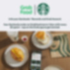 Starbucks breakfast items on a table with a phone displaying the Starbucks app. GrabFood and Starbucks logos are above with promotional text.