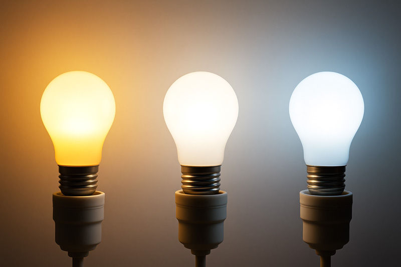 Three light bulbs lit in warm, neutral, and cool tones on a gradient background, illustrating different color temperatures.