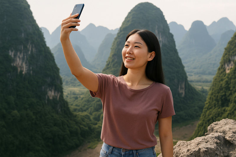 Woman taking selfie with smartphone against lush, green mountains. She smiles warmly, wearing a mauve shirt and jeans. Clear, serene sky.