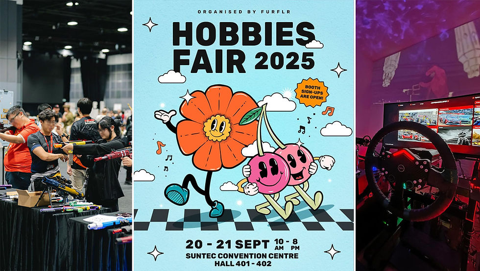 People playing with toy guns at a booth, Hobbies Fair 2025 poster with cartoon flowers, and a gaming setup with racing simulator in neon light.