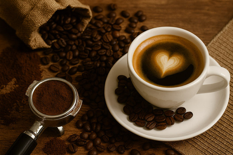A heart-shaped latte art in a white coffee cup on a saucer surrounded by coffee beans. A portafilter with ground coffee nearby on a wooden table.