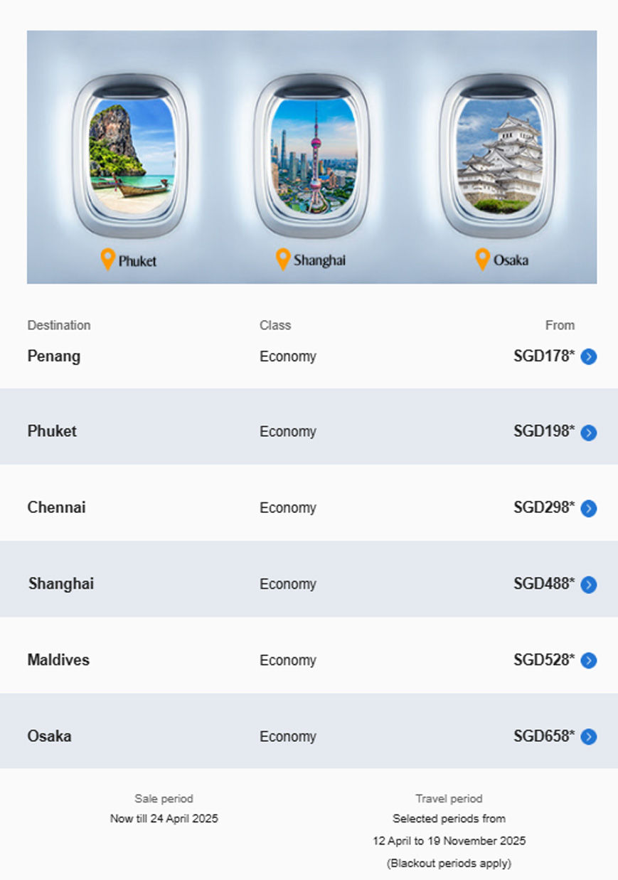 Plane windows show scenic views of Phuket, Shanghai, Osaka. Flight prices listed below from Penang. Sale: now till 24 Apr 2025.