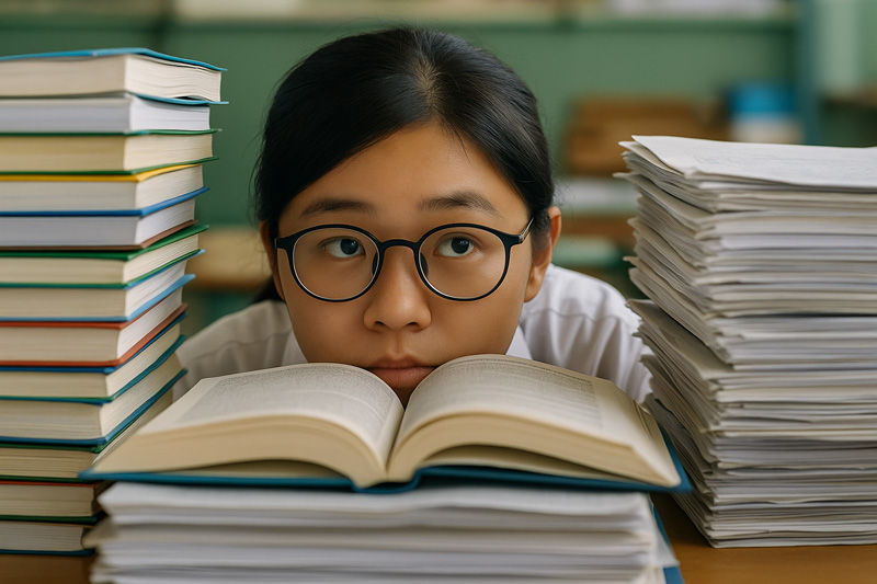 A person with glasses looks thoughtful, surrounded by stacked books and papers in a classroom. Open book in front, green background.