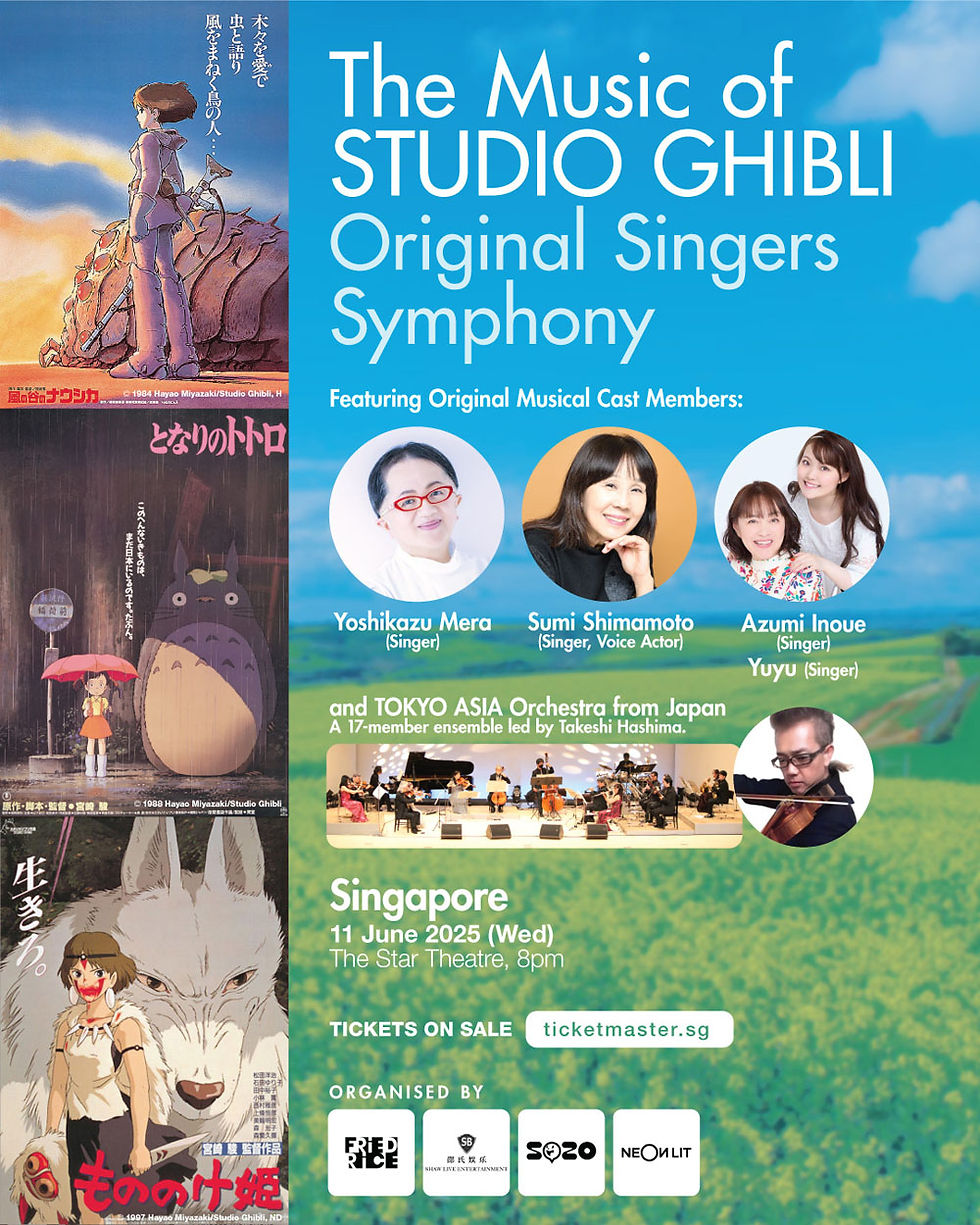 Studio Ghibli concert poster with singers' photos, film scenes, and event details. Set in Singapore, June 11, 2025, at The Star Theatre.