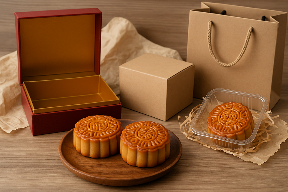 Mooncakes on a wooden plate and in a plastic box, with open red and brown packaging, set on a wooden surface with crumpled paper.