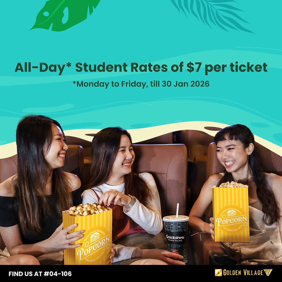 Three women smile in a theater with popcorn and drinks. Background text: "All-Day Student Rates of $7 per ticket" until 30 Jan 2026.
