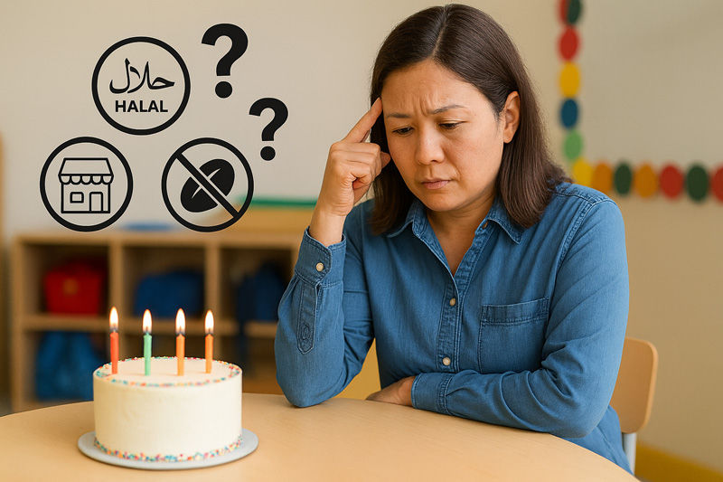Woman in a blue shirt sits at a table with a birthday cake, looking thoughtful. Symbols and "HALAL" text float above. Colorful wall in background.