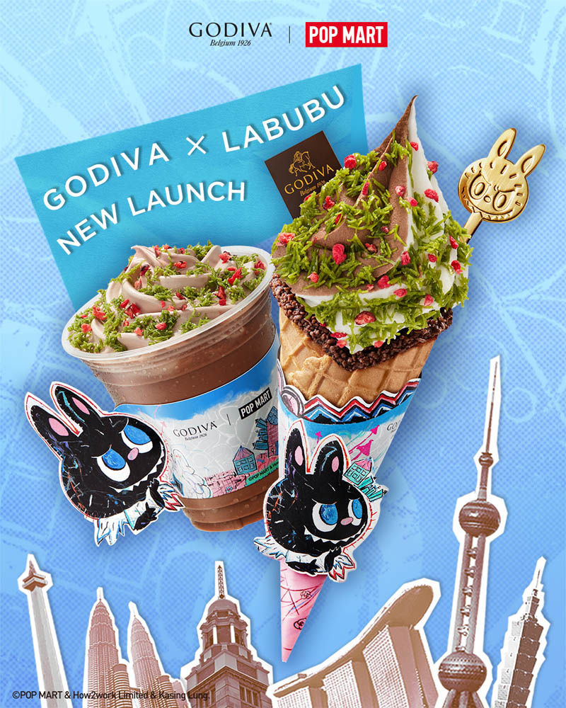 Ice cream and milkshake with green and red toppings, LABUBU decorations, blue background. "GODIVA X LABUBU NEW LAUNCH" text. Pop Mart logos.