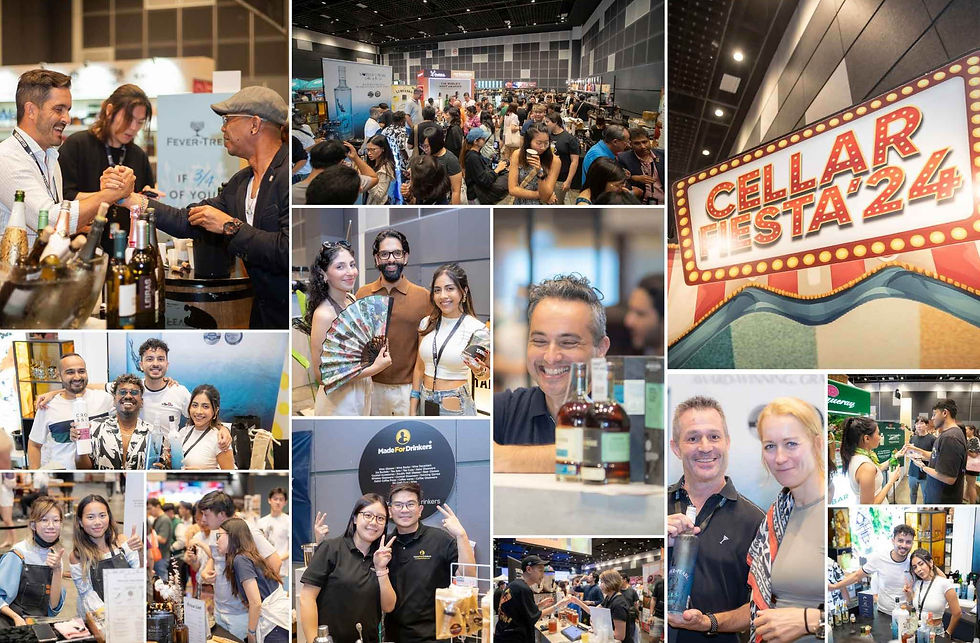 People enjoying a lively wine festival, shaking hands, and posing. Bottles displayed. "Cellar Fiesta '24" sign. Festive and bustling atmosphere.
