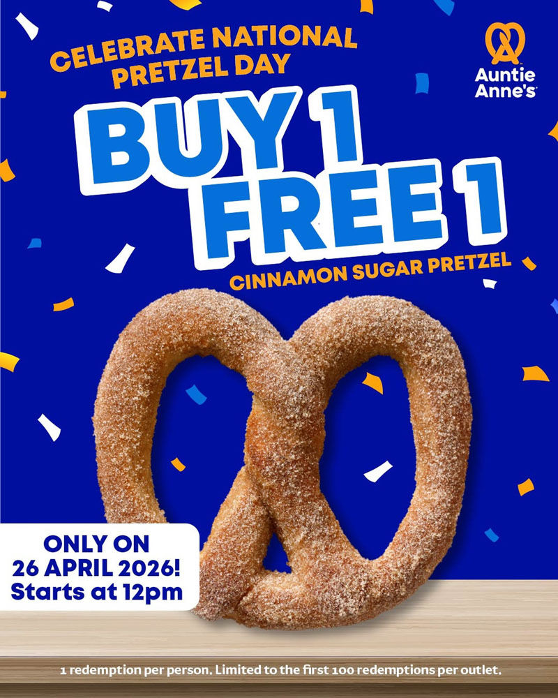 Cinnamon sugar pretzel with text: Celebrate National Pretzel Day. Buy 1, Get 1 Free. Event on 26 April 2026 at 12pm. Blue confetti background.