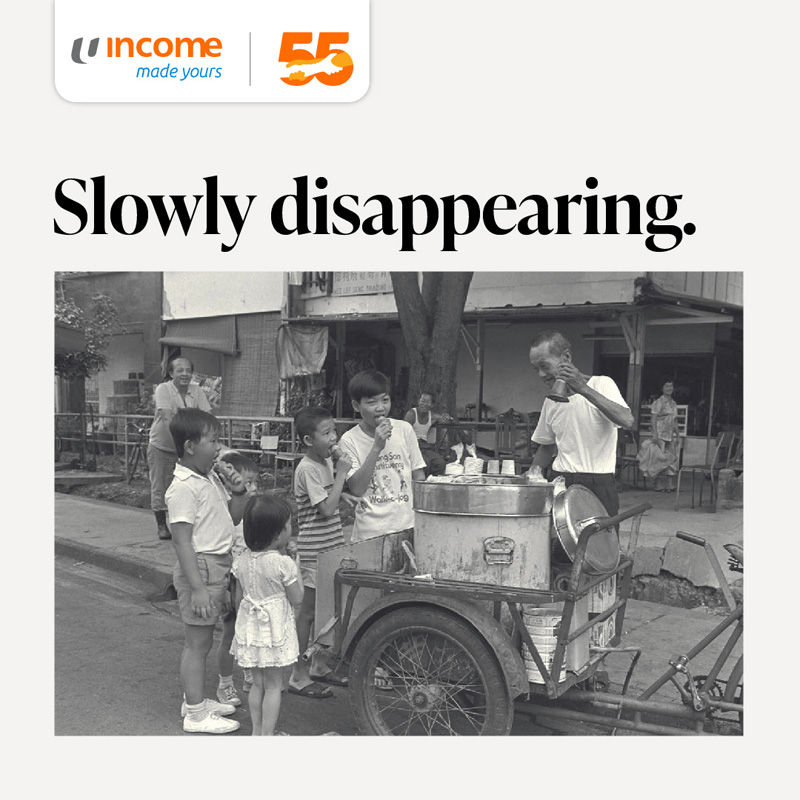 Vintage photo of an ice cream vendor serving eager children on a street. Text reads "Slowly disappearing." Mood is nostalgic.