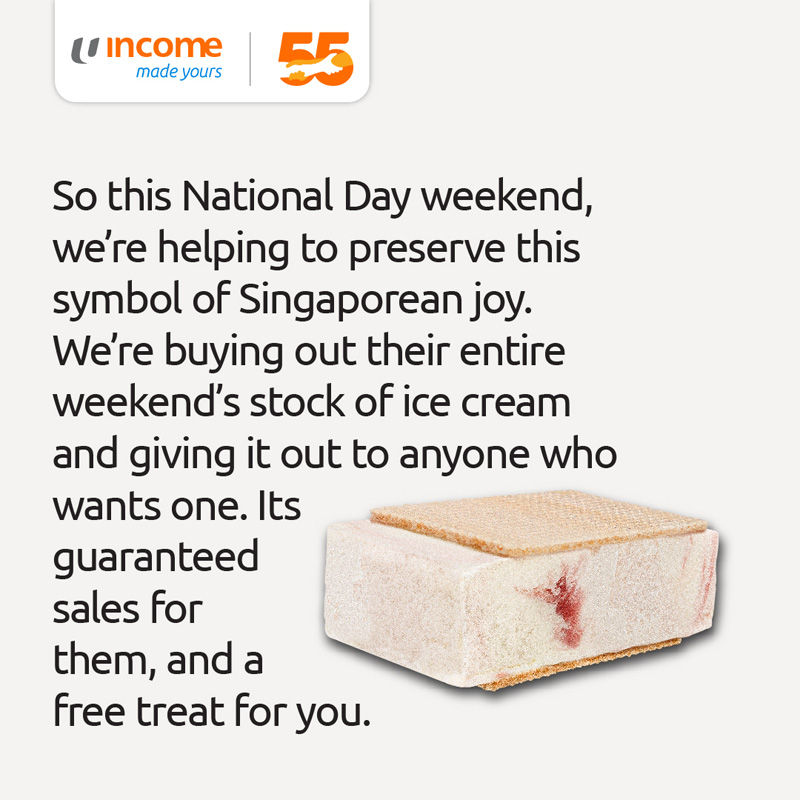 Text promoting free ice cream with an image of an ice cream sandwich. Includes Income 55 logo, message about National Day, and joy.