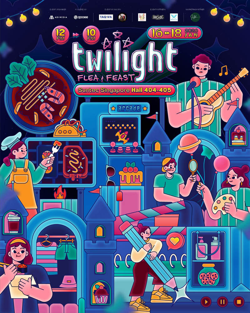 Colorful illustration of a festival at Suntec Singapore Hall. People enjoy music, food, and games. Text: "Twilight Flea & Feast, 16-18 Jan."