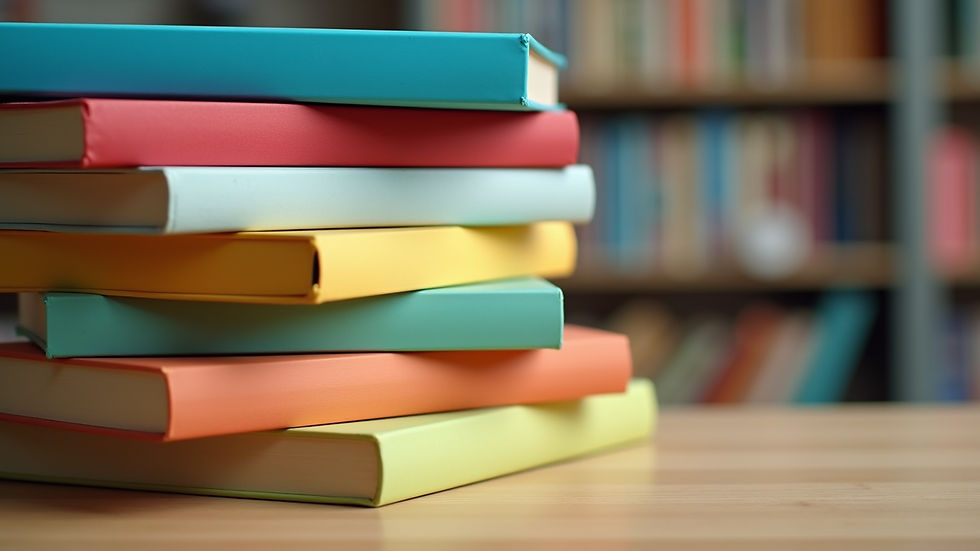 Close-up view of colorful children's books stacked together