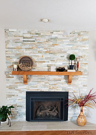 fireplace stack stone wood mantle