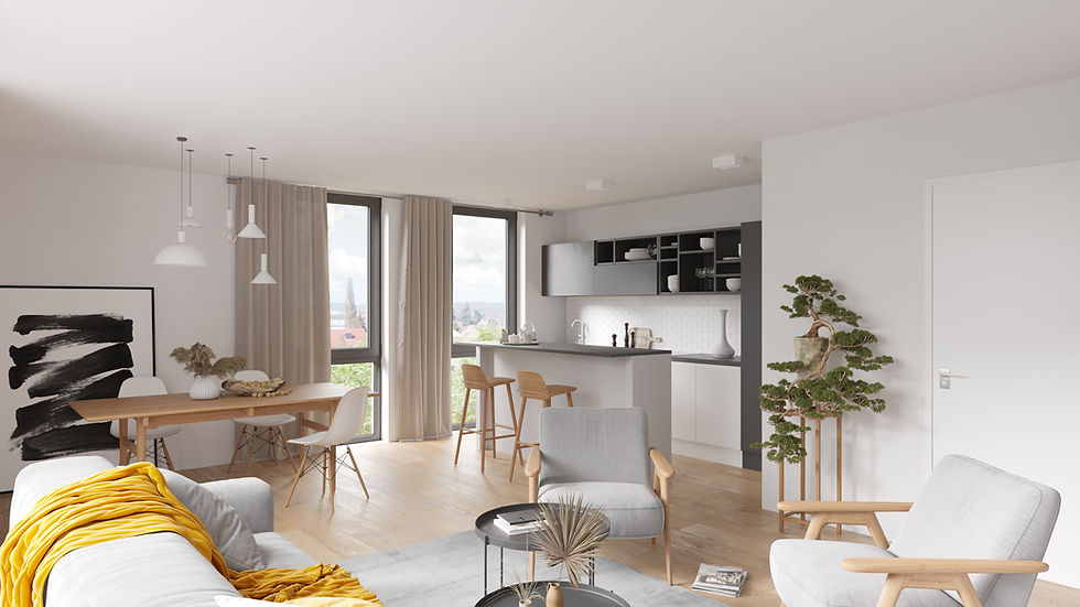 Moderner Wohn-Essbereich mit offener Küche.