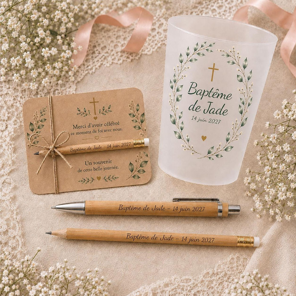 Peut inclure: Un gobelet en plastique givré, une carte en papier kraft, un stylo à bille en bois et un crayon en bois. Le gobelet présente une couronne de feuilles vertes, une croix dorée et le texte Baptême de Jade 14 juin 2027. La carte et les stylos aussi.