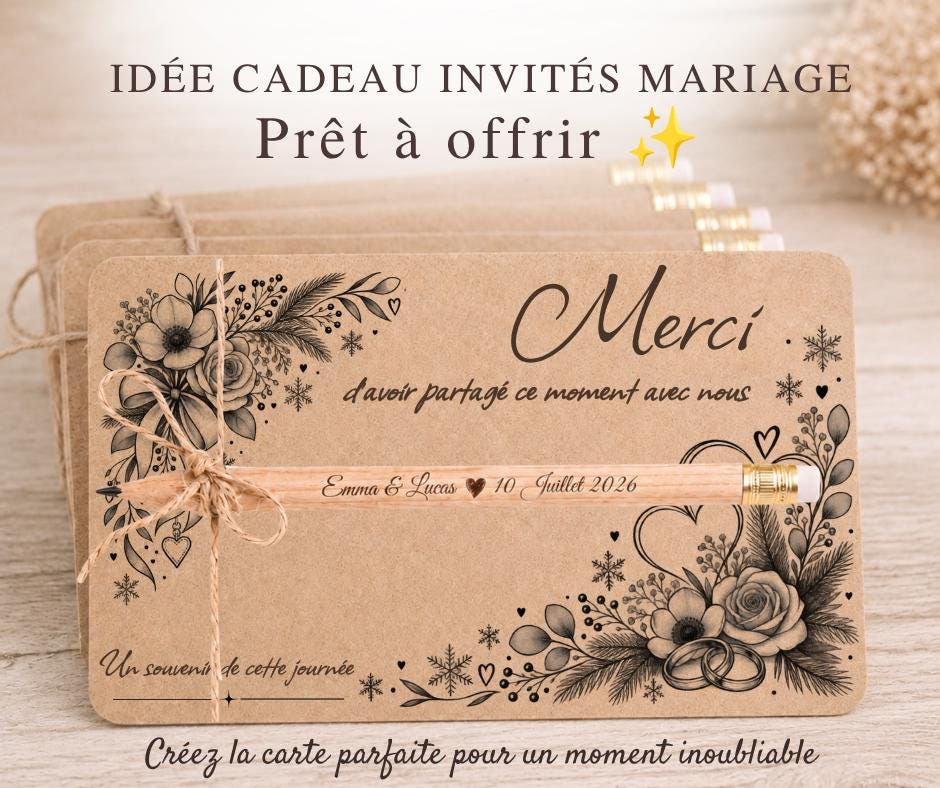 Peut inclure: Un lot de cartes rectangulaires en papier kraft avec des illustrations florales noires, des alliances et le texte Merci d'avoir partagé ce moment avec nous. Un crayon en bois gravé Emma & Lucas 10 Juillet 2026 est attaché à chaque carte.
